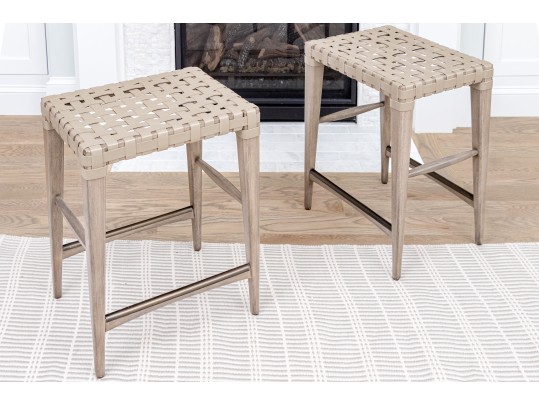 Pair Of Painted Wood And Leather Strapped Counter Stools
