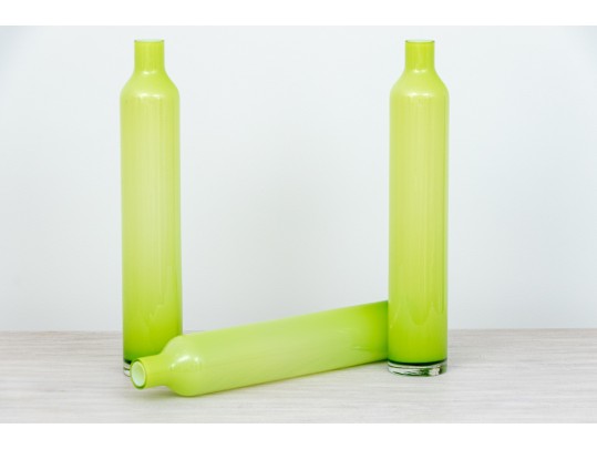 Suite Of Three Decorative Tall And Slender Green Glass Bottles / Vases