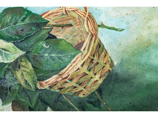 Antique Oil On Canvas, Still Life With Wicker Basket And Foliage