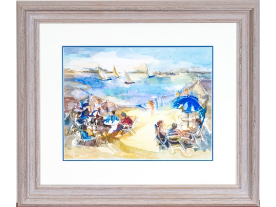 Christine Oberthür (French, B. 1939) Watercolor On Paper, People At The Beach