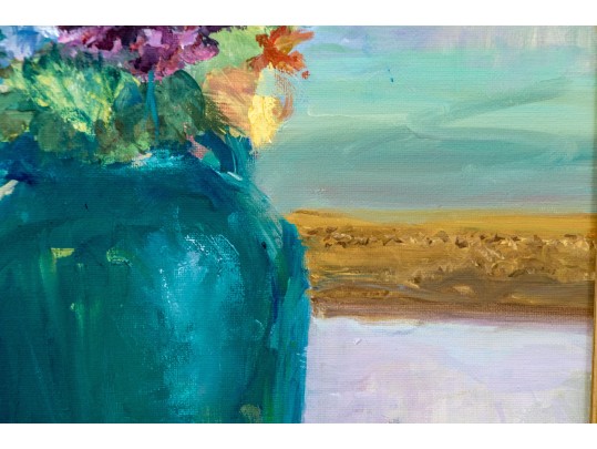 Signed Oil On Canvas, Still Life With Floral Bouquet In Green Jar