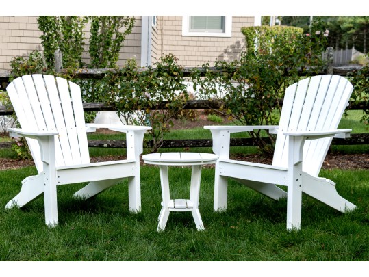 Classic Pair Of Seaside Casuals Adirondack Chairs With Accent Side Table