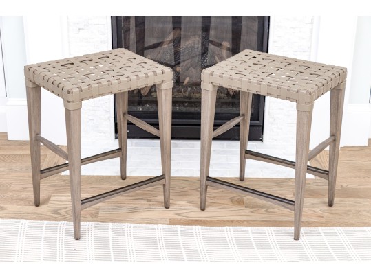 Pair Of Painted Wood And Leather Strapped Counter Stools