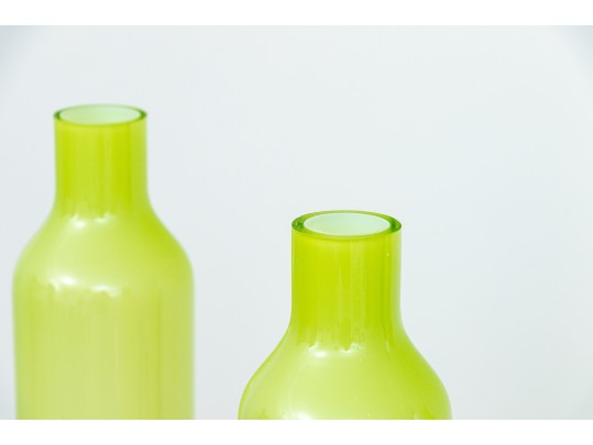 Suite Of Three Decorative Tall And Slender Green Glass Bottles / Vases