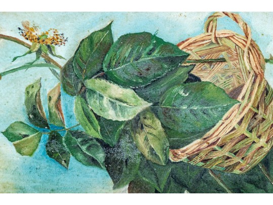 Antique Oil On Canvas, Still Life With Wicker Basket And Foliage