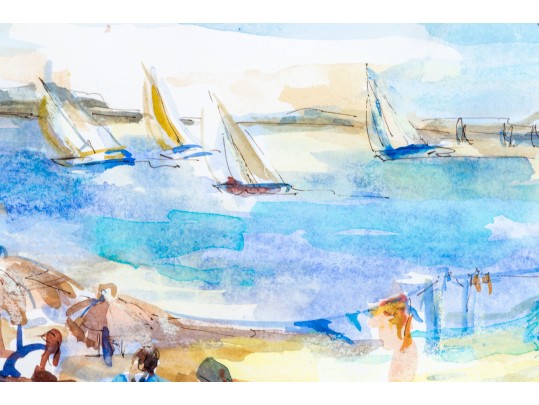 Christine Oberthür (French, B. 1939) Watercolor On Paper, People At The Beach