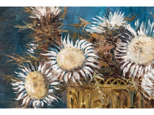 Signed Oil On Panel, Still Life Of Sun Flowers In A Brass Planter
