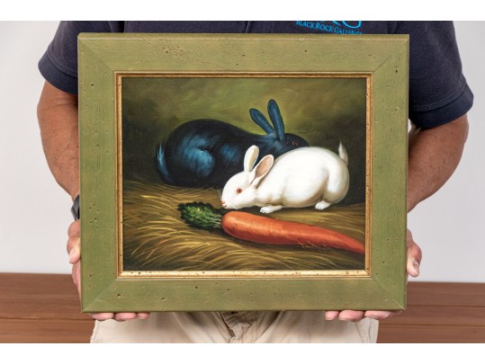Oil On Canvas In The Manner Of George Morland (English, 1763-1804) Rabbits With Carrot