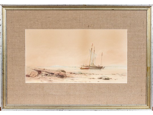 Antique Watercolor On Paper, Coastal Scene With Boat