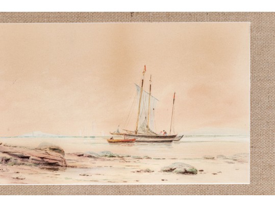 Antique Watercolor On Paper, Coastal Scene With Boat
