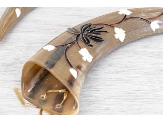 Set Of Two Decorative Carved And Embellished Water Buffalo Horns