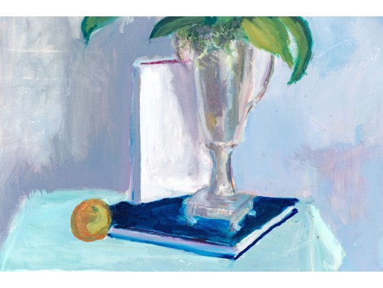 Signed Oil On Canvas, Still Life With Vase, Book And Orange