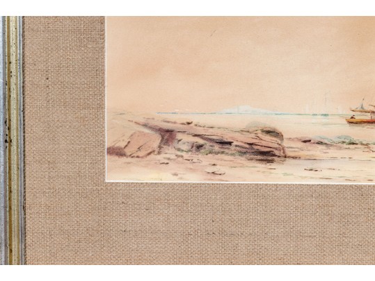 Antique Watercolor On Paper, Coastal Scene With Boat