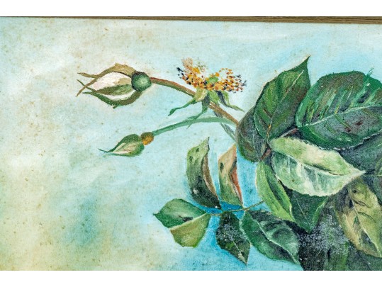 Antique Oil On Canvas, Still Life With Wicker Basket And Foliage