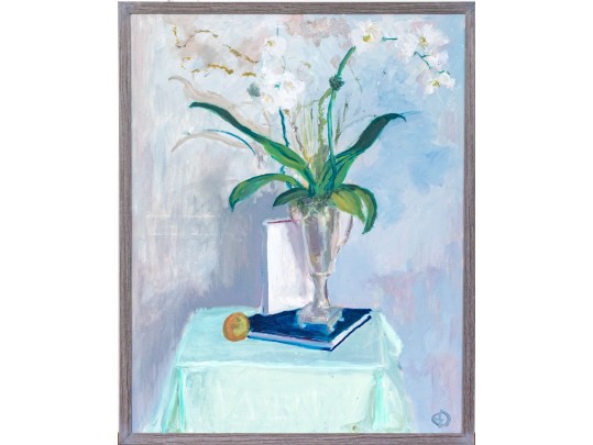 Signed Oil On Canvas, Still Life With Vase, Book And Orange