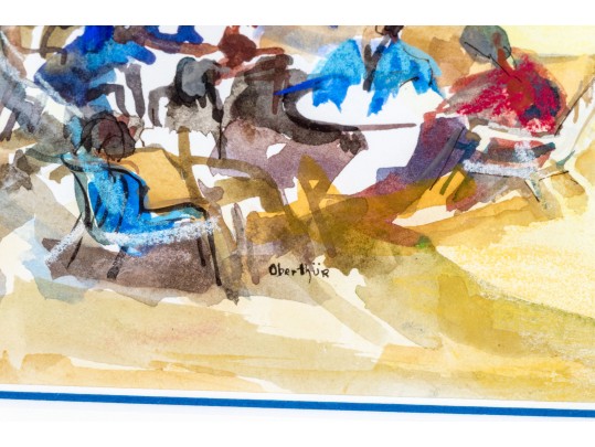 Christine Oberthür (French, B. 1939) Watercolor On Paper, People At The Beach