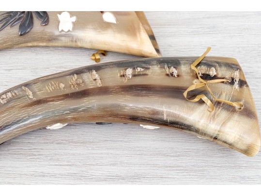 Set Of Two Decorative Carved And Embellished Water Buffalo Horns