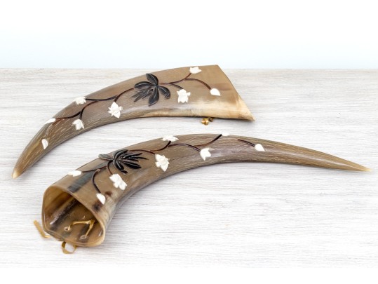Set Of Two Decorative Carved And Embellished Water Buffalo Horns