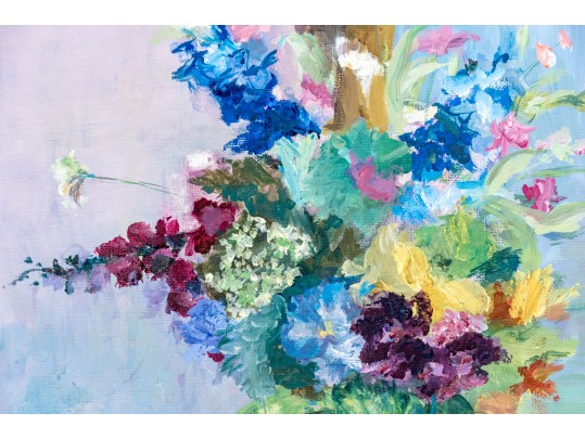 Signed Oil On Canvas, Still Life With Floral Bouquet In Green Jar