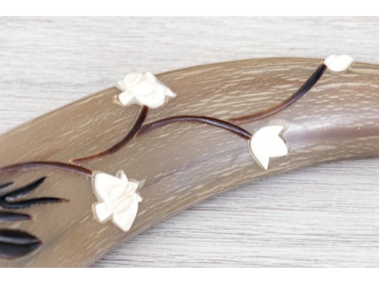 Set Of Two Decorative Carved And Embellished Water Buffalo Horns