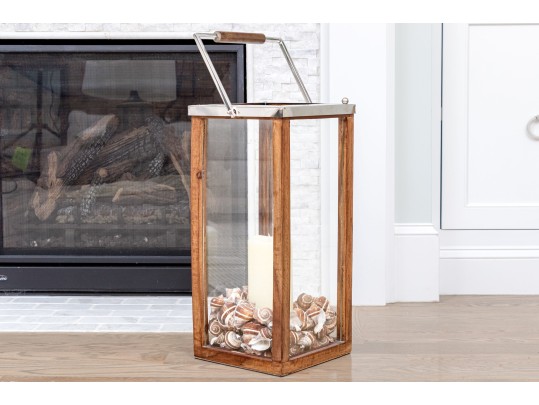 Decorative Wood, Glass, And Shell Lantern