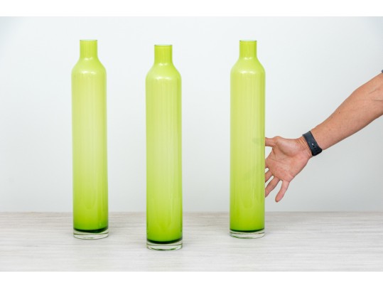 Suite Of Three Decorative Tall And Slender Green Glass Bottles / Vases