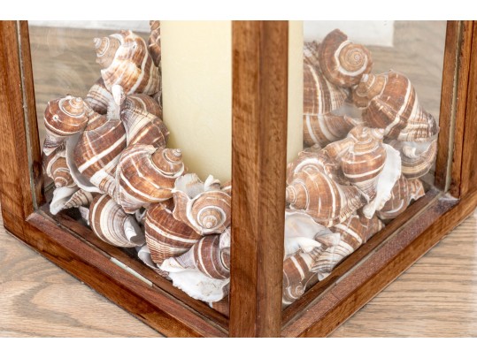 Decorative Wood, Glass, And Shell Lantern