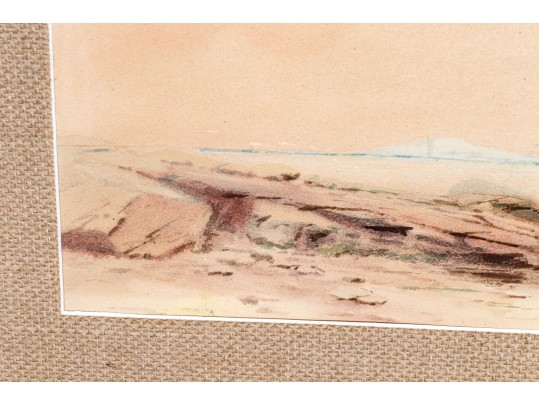 Antique Watercolor On Paper, Coastal Scene With Boat