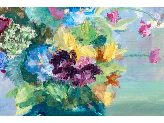 Signed Oil On Canvas, Still Life With Floral Bouquet In Green Jar