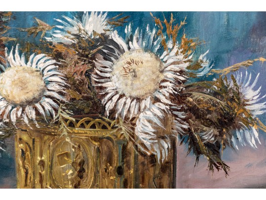Signed Oil On Panel, Still Life Of Sun Flowers In A Brass Planter