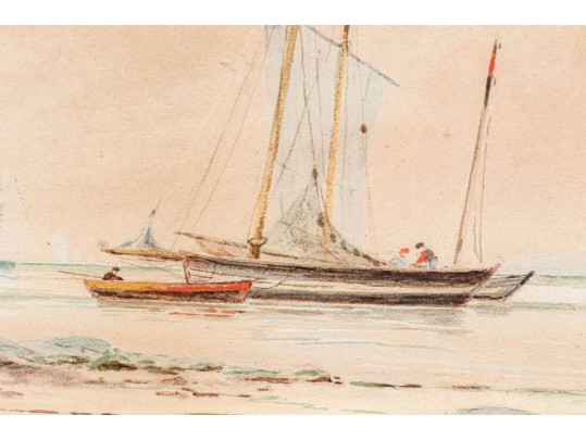 Antique Watercolor On Paper, Coastal Scene With Boat