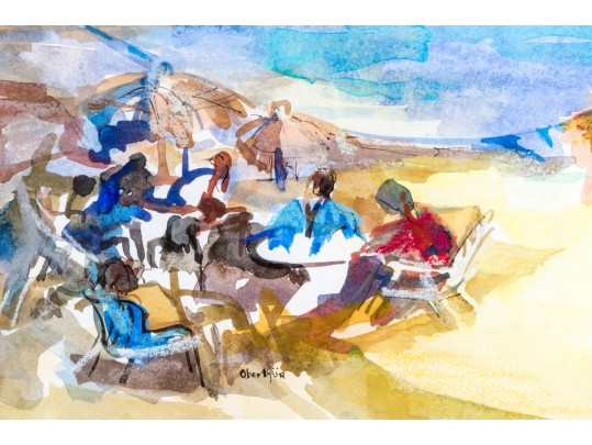 Christine Oberthür (French, B. 1939) Watercolor On Paper, People At The Beach