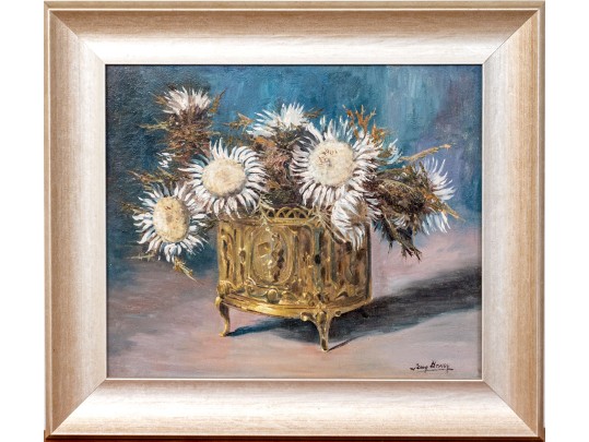 Signed Oil On Panel, Still Life Of Sun Flowers In A Brass Planter