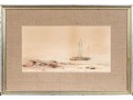 Antique Watercolor On Paper, Coastal Scene With Boat