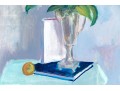 Signed Oil On Canvas, Still Life With Vase, Book And Orange