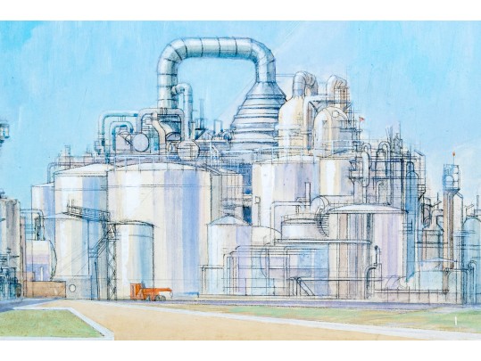 Large Signed Painting On Canvas, Industrial Complex, 1976