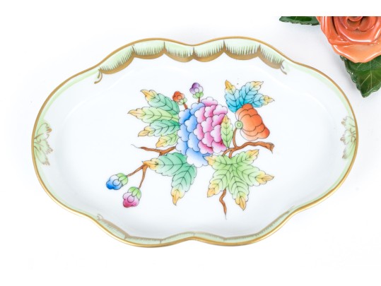 Hungarian Herend Hand-Painted Porcelain Dish And Flower Place Card Holder