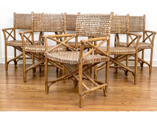 Vintage Set Of Six Bamboo, Rattan And Woven Leather Strapped Armchairs Probably Mcguire