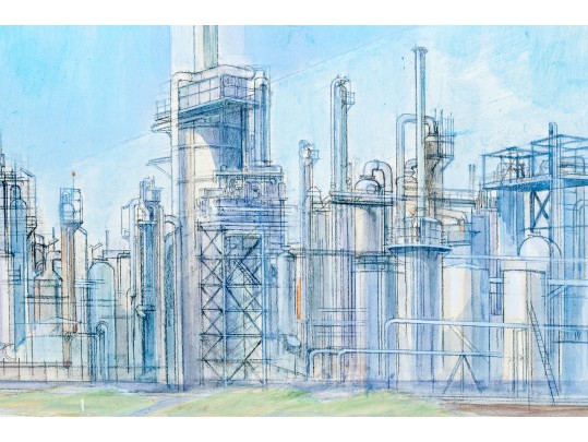 Large Signed Painting On Canvas, Industrial Complex, 1976