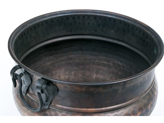 Large Hammered Copper Cauldron With Iron Handles