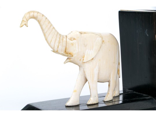 Pair Of Ebony And Carved Bone Elephant Form Bookends