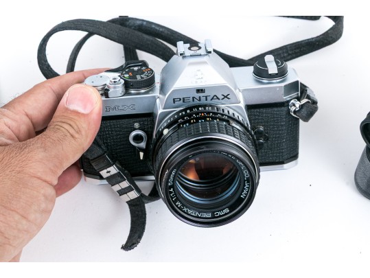 Pentax MX And Fujica ST605 Cameras, Two Lenses, And Binoculars