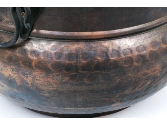 Large Hammered Copper Cauldron With Iron Handles