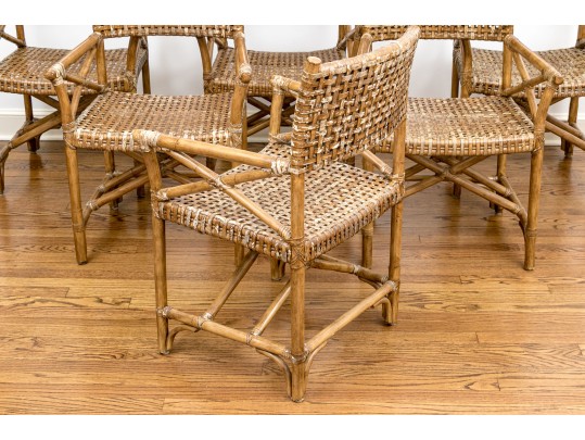 Vintage Set Of Six Bamboo, Rattan And Woven Leather Strapped Armchairs Probably Mcguire