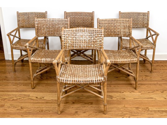 Vintage Set Of Six Bamboo, Rattan And Woven Leather Strapped Armchairs Probably Mcguire