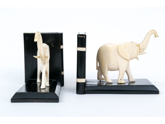 Pair Of Ebony And Carved Bone Elephant Form Bookends