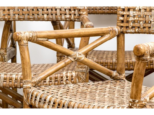 Vintage Set Of Six Bamboo, Rattan And Woven Leather Strapped Armchairs Probably Mcguire