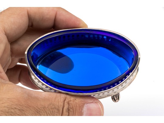 English Sterling Silver Salt Cellar With Cobalt Glass Liner, 1.495 Ozt.