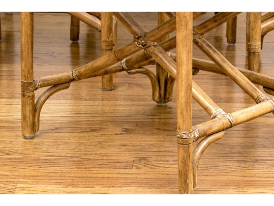 Vintage Set Of Six Bamboo, Rattan And Woven Leather Strapped Armchairs Probably Mcguire