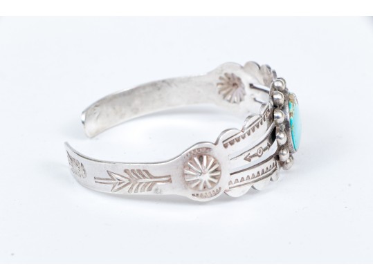 Child Sized Sterling Silver And Turquoise Cuff Bracelet, 0.565 Gross Ozt.